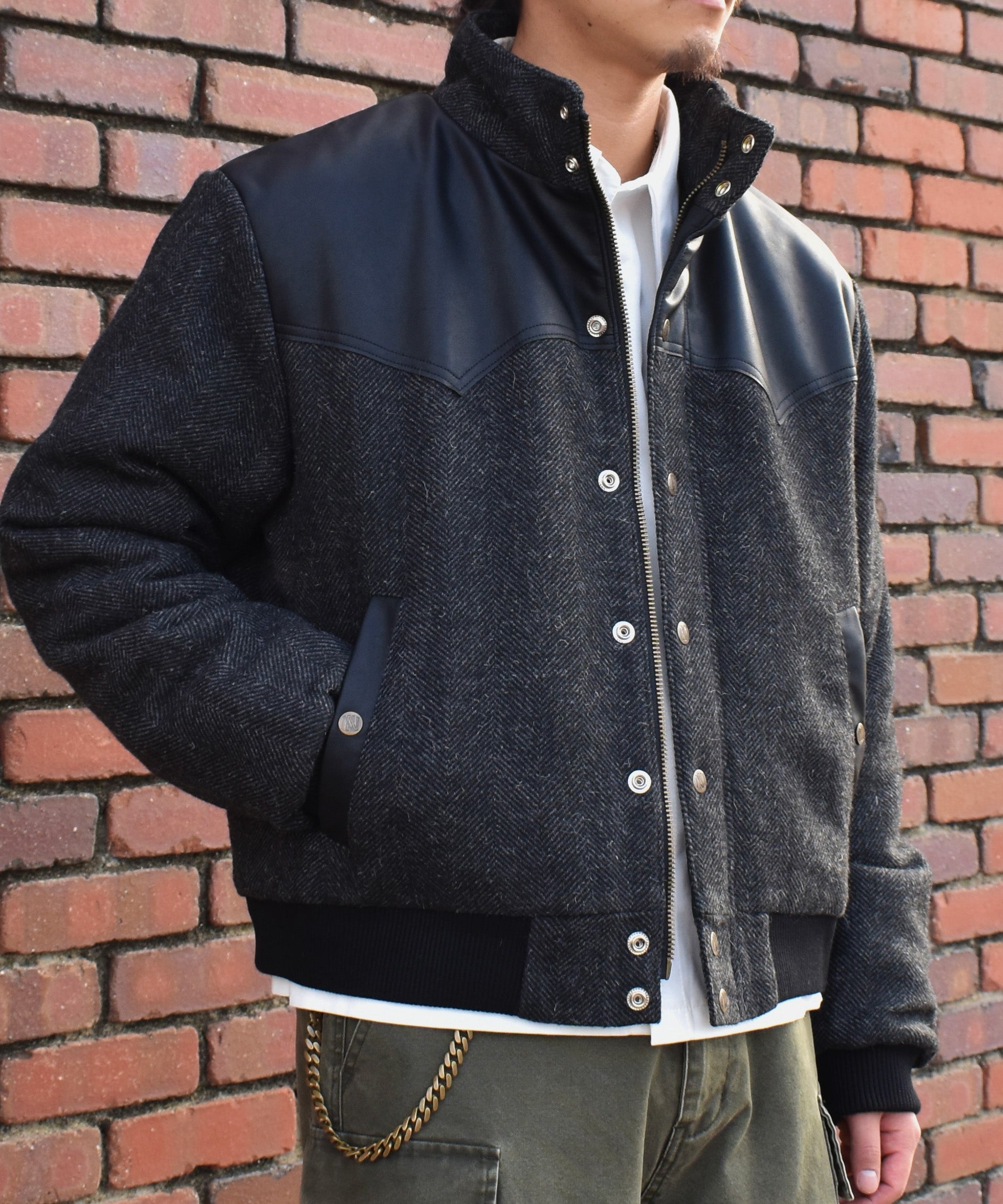 レザーヨーク中綿ツイードジャケット[Black] – Noen