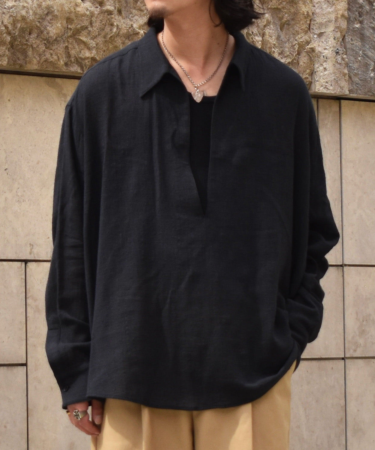 リネンライクガーゼスキッパーシャツ[Black]