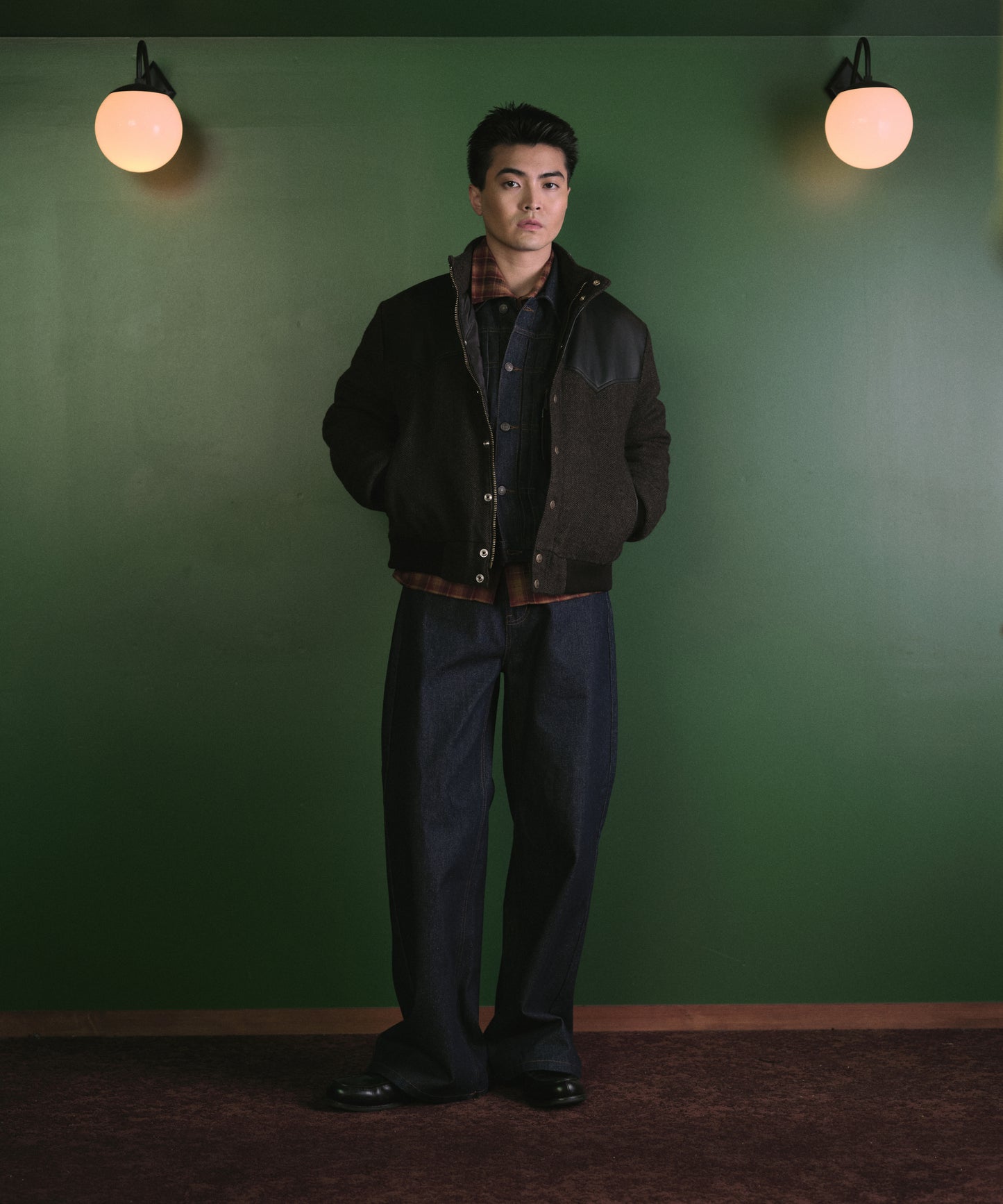 レザーヨーク中綿ツイードジャケット[Brown]